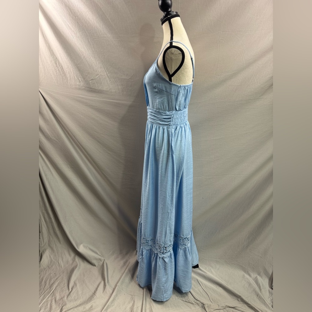 LAST ONE 🔥 Boho Shirred Ruffle Lace Hem Maxi Dress Blue - Picture 8 of 8